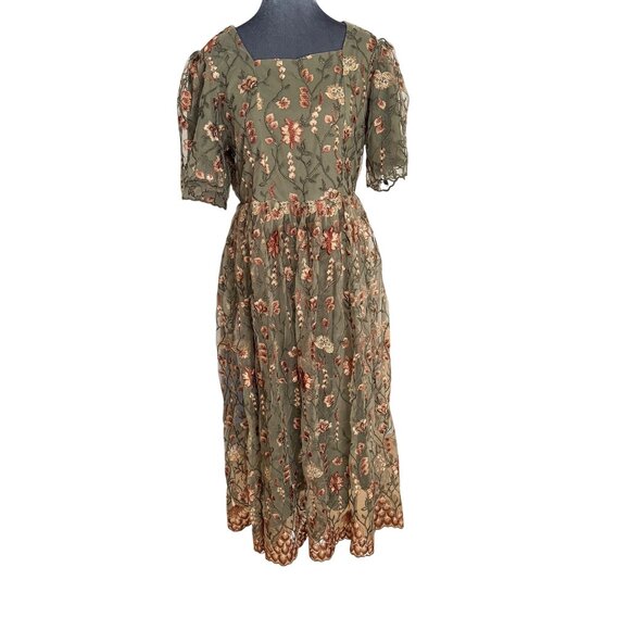 Deauville Maternity Floral Embroidered Midi Dress L Green Orange Lace Hem Short - Picture 2 of 7